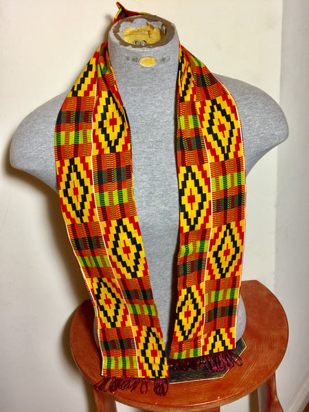 African Kente Cloth print Scarf Stole Orange With Purple Tassels