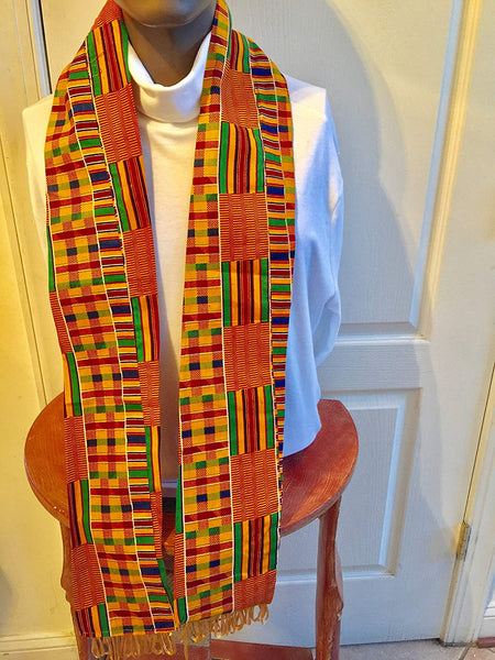 African Kente Cloth print Scarf Stole Orange With Golden Tassels